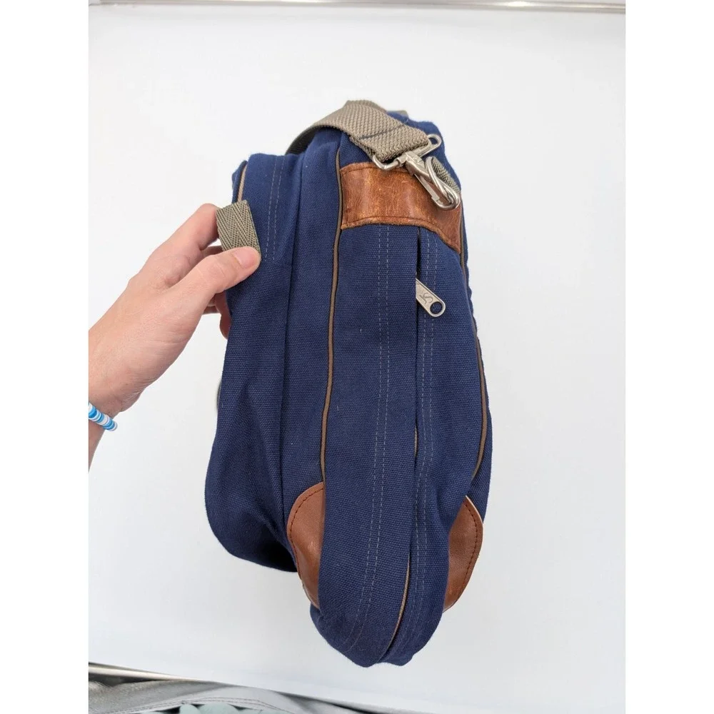 Jansport Messenger Laptop Bag Shoulder Strap Blue Canvas Leather Made In USA VTG